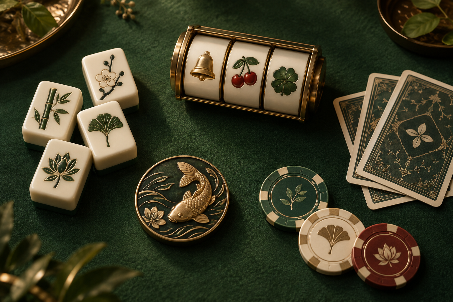 Ilustrasi kasino dengan gulungan slot, kartu, ubin dan keping di atas meja