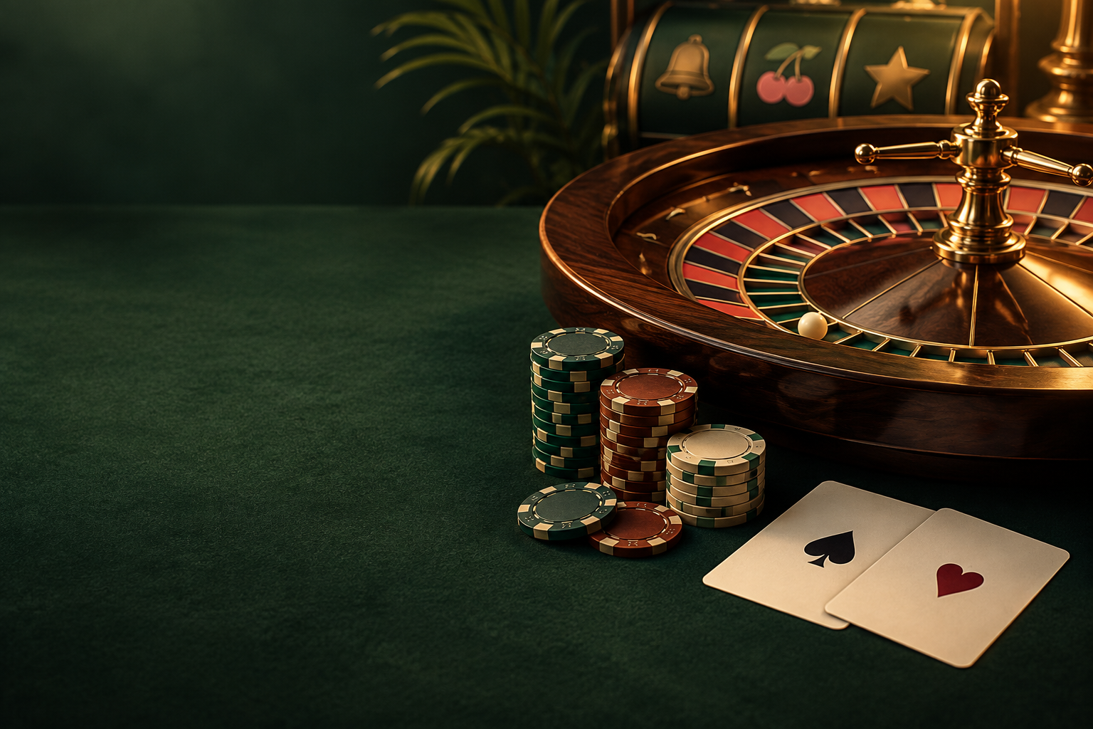 Roda roulette, kartu dan keping dalam pencahayaan tembaga